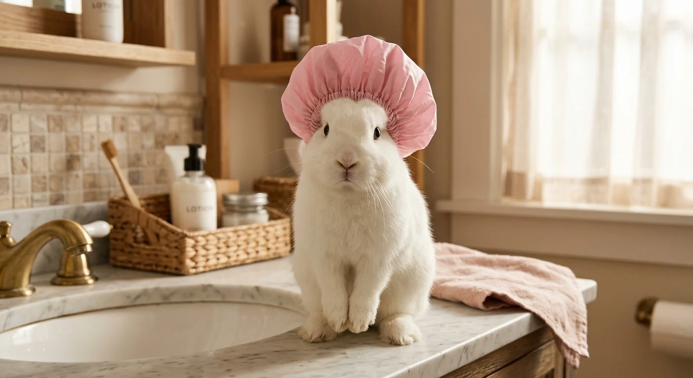 a rabbit wearing a shower cap